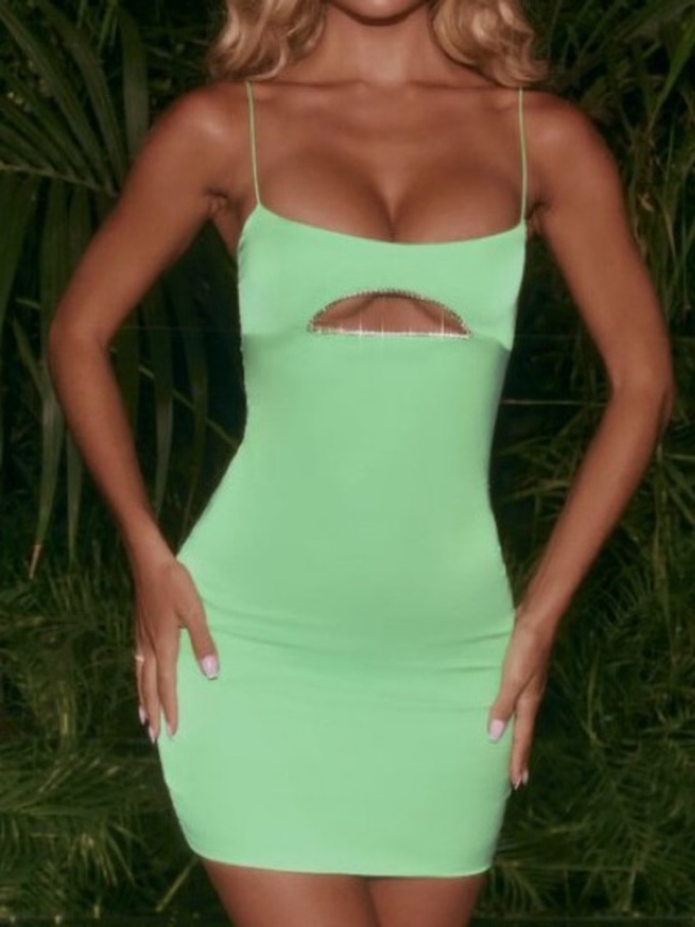 Oh Polly Satin Cut-Out Rhinestone Trim Mini Dress Green Sz US 6 Good Condition